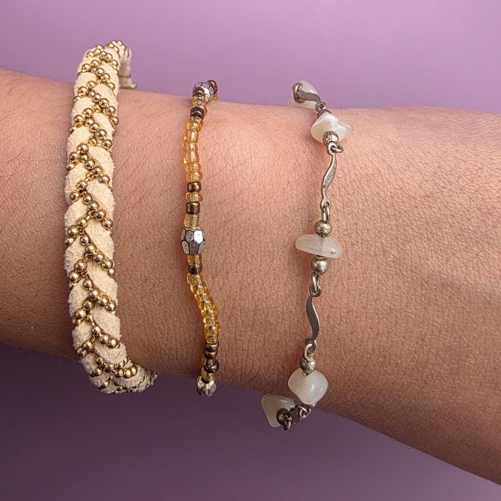 Boho Bracelet Set 3 Piece Braided Gold Ball Chain Seed Bead‎ White Stone Chips